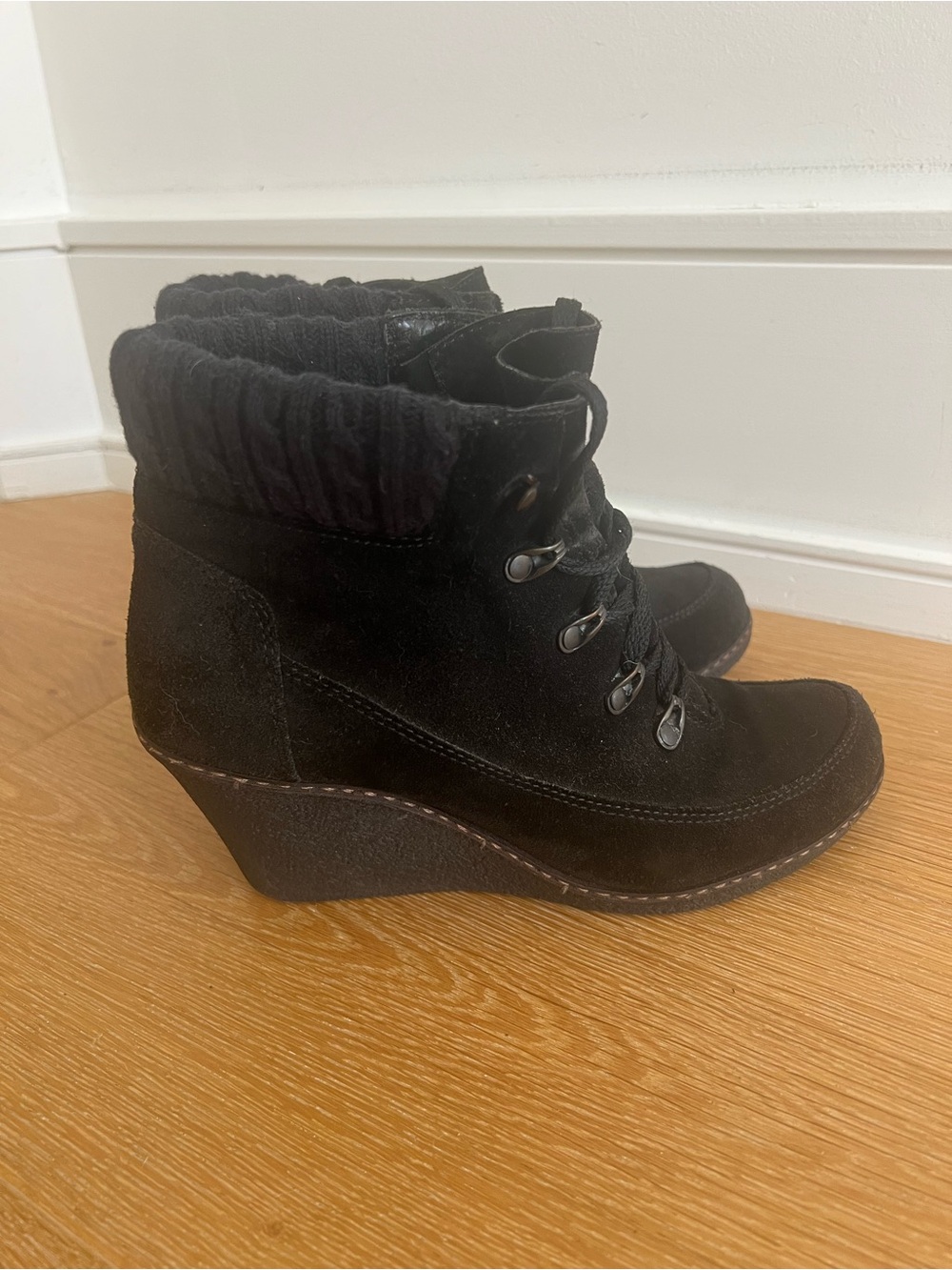 Women’s Black Wedge Ankle Boot with Lace-Up Front